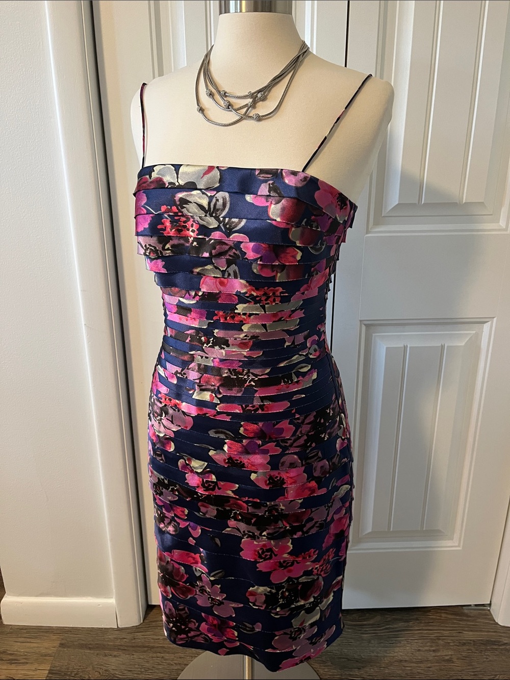 JS Collections Navy and Hot Pink Floral Spaghetti-Strap Midi Dress